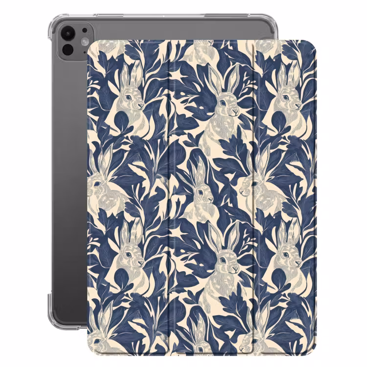 iPad-Hülle - Hasen - Blätter - Muster - Blau - Beige — 1