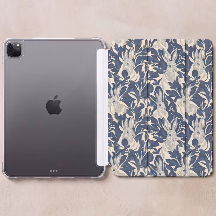 iPad-Hülle - Hasen - Blätter - Muster - Blau - Beige — 6