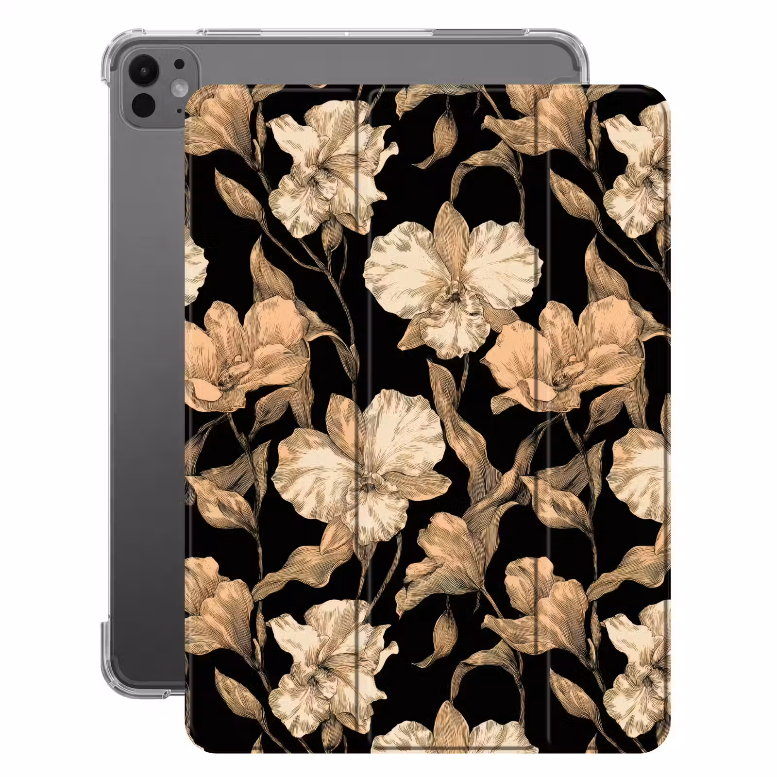 iPad-Hülle - Orchideen - Strichzeichnung - Muster - Beige - Schwarz — 1