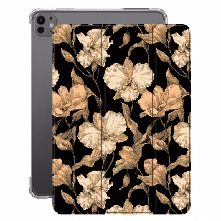 iPad-Hülle - Orchideen - Strichzeichnung - Muster - Beige - Schwarz — 1