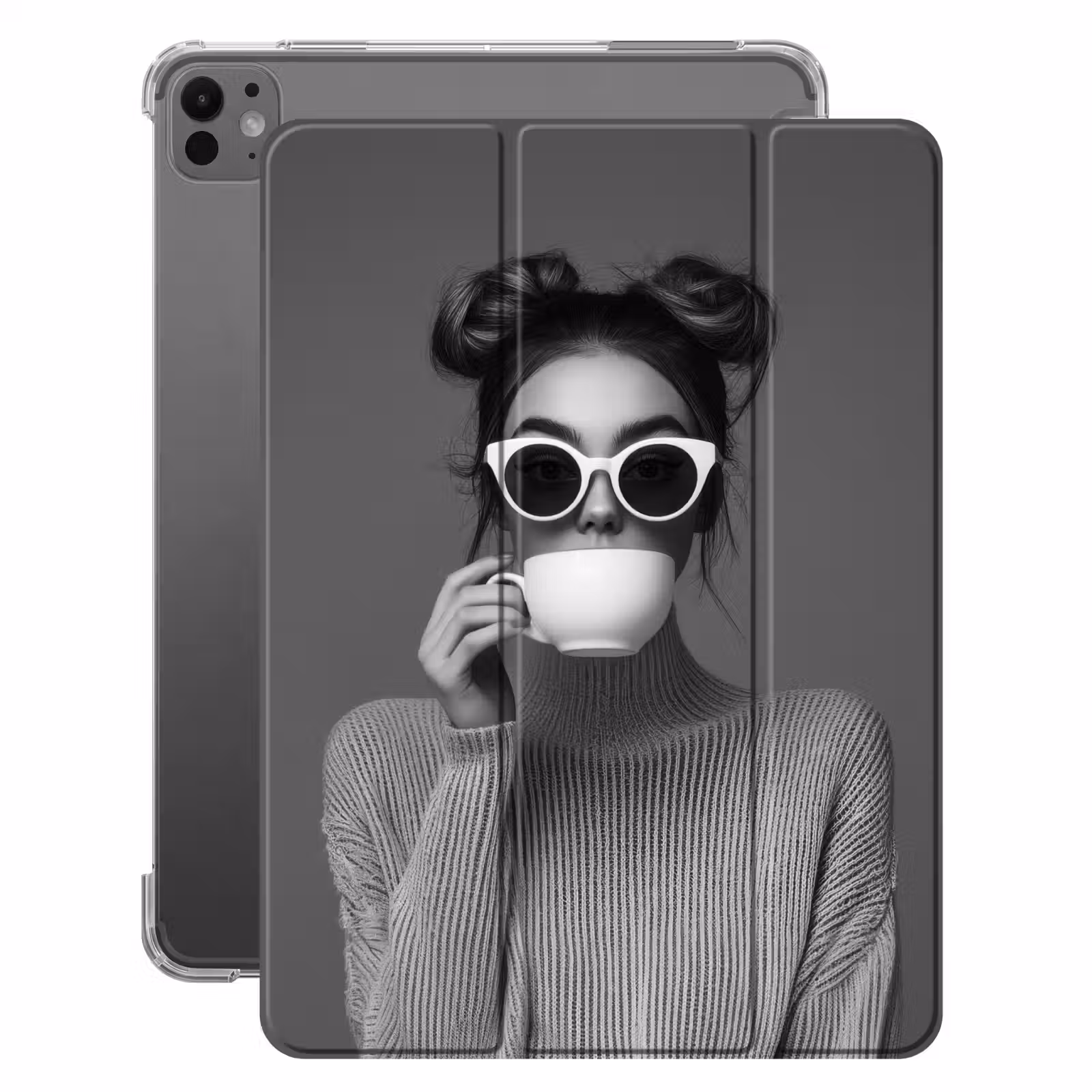 iPad-Hülle - Frau - Kaffee - Schwarz - Weiß — 1