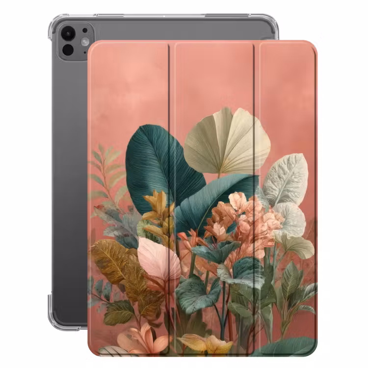 iPad-Hülle - Tropische Blätter - Blumen - Rosa - Grün — 1