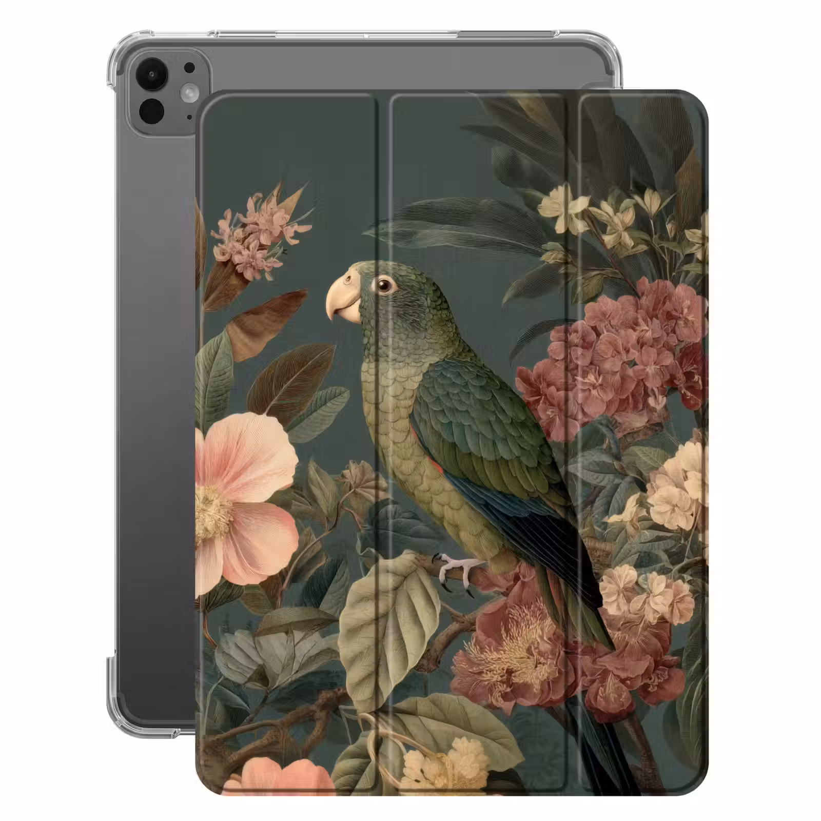 iPad-Hülle - Grüner Papagei - Bunte Blumen - Dunkler Hintergrund — 1