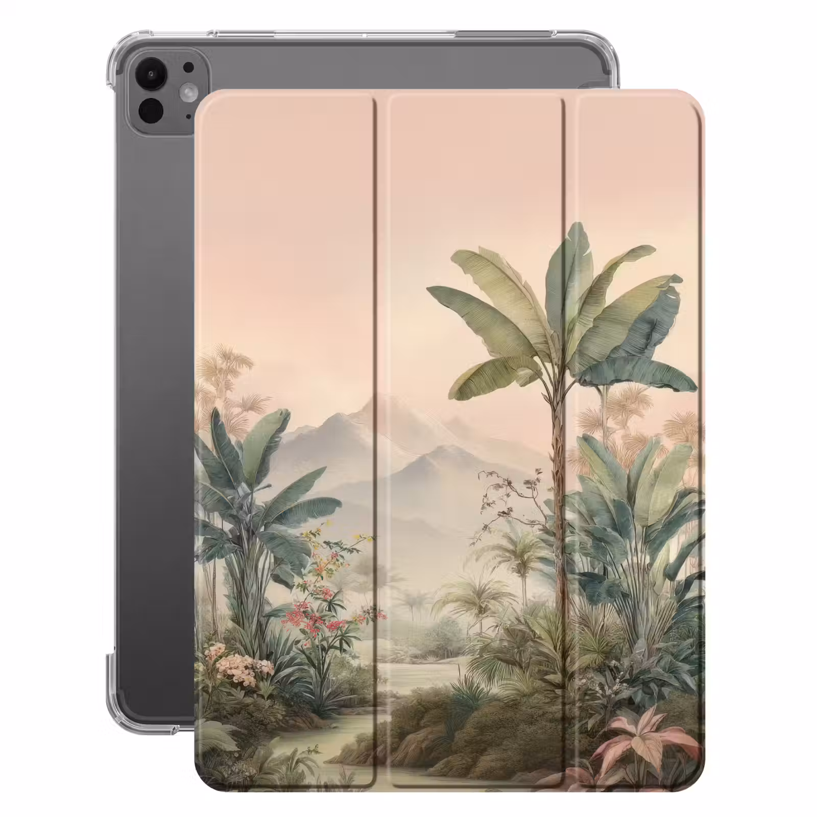 iPad-Hülle - Tropische Landschaft - Palmen - Blumen - Rosa Himmel — 1