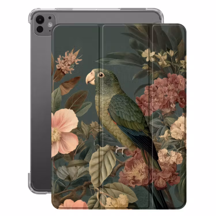iPad-Hülle - Grüner Papagei - Bunte Blumen - Dunkler Hintergrund — 1