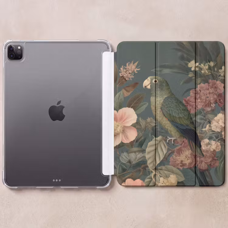 iPad-Hülle - Grüner Papagei - Bunte Blumen - Dunkler Hintergrund — 6