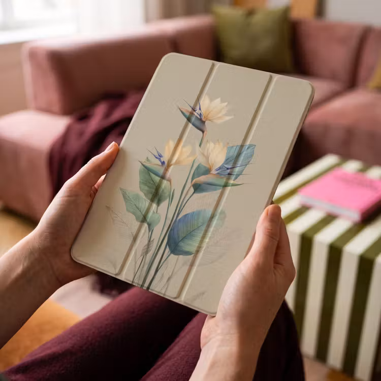 iPad-Hülle - Paradiesvogelblüten - Blaugrüne Blätter - Beige — 4