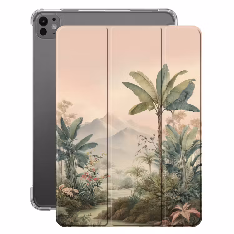 iPad-Hülle - Tropische Landschaft - Palmen - Blumen - Rosa Himmel — 1