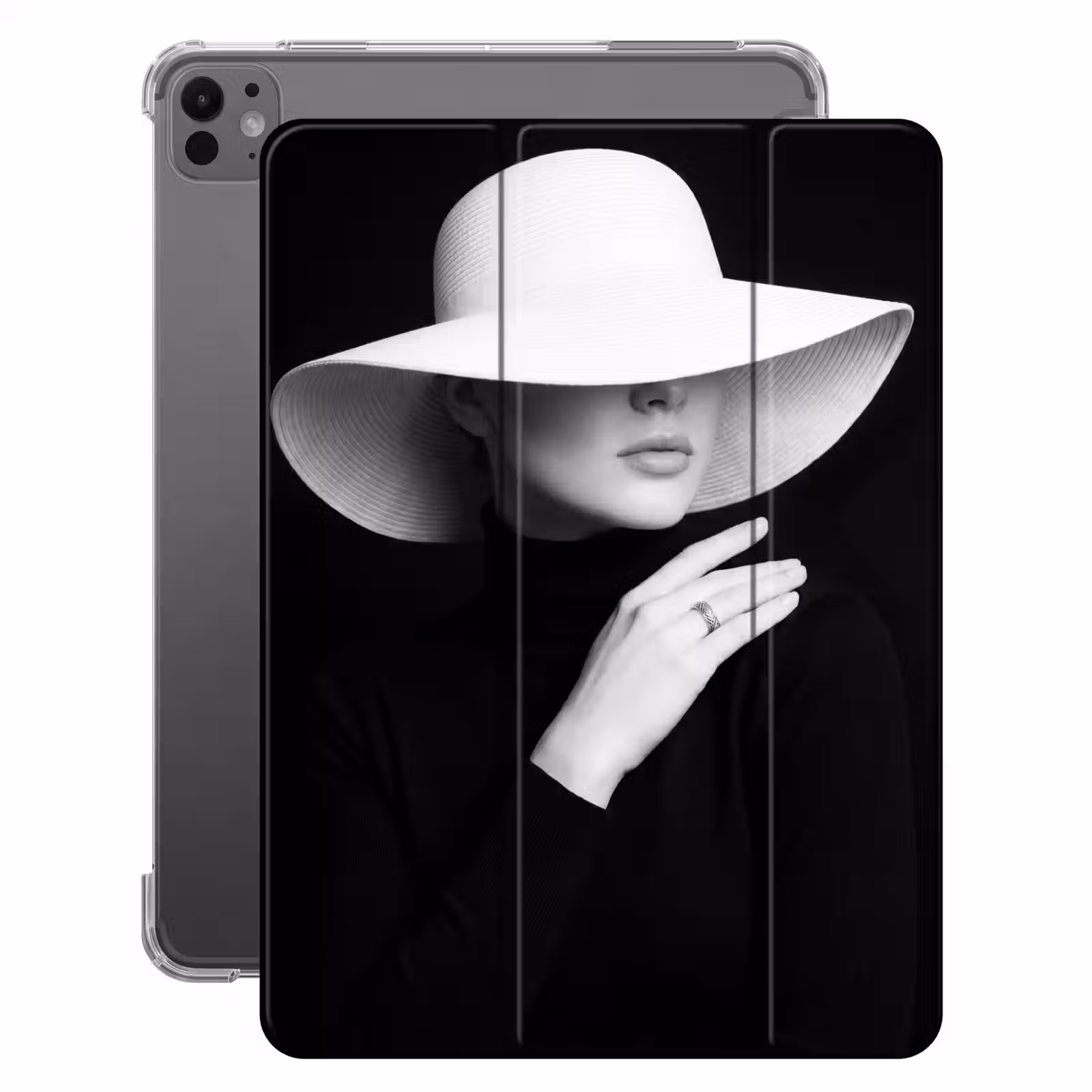 iPad-Hülle - Frau - Hut - Hand - Schwarz - Weiß - Klassisch — 1