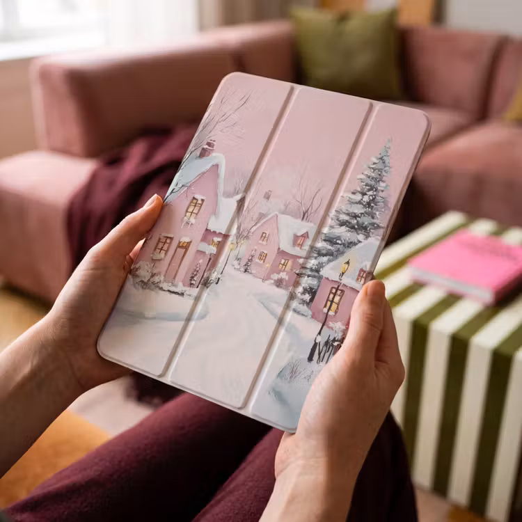 iPad-Hülle - Weihnachtsdorf - Rosa - Winter - Schnee - Häuser — 4