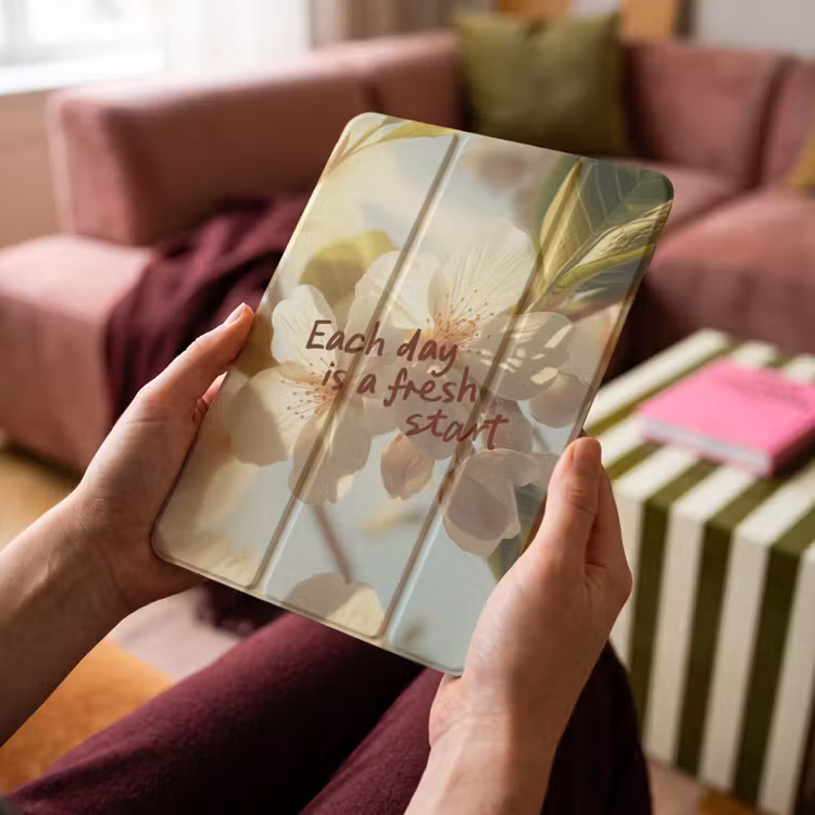 iPad-Hülle - Blüten - Sonnenlicht - Zitat - Weiß — 4