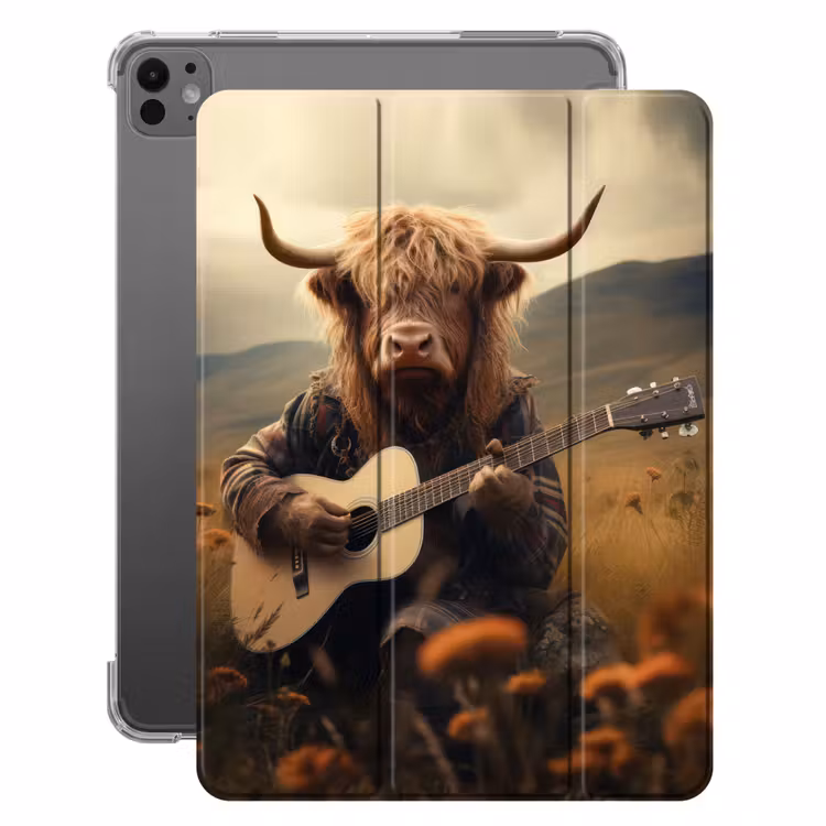 iPad-Hülle - Schottische Highlander - Gitarre - Blumen - Berge — 1