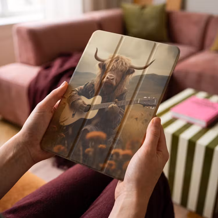 iPad-Hülle - Schottische Highlander - Gitarre - Blumen - Berge — 4