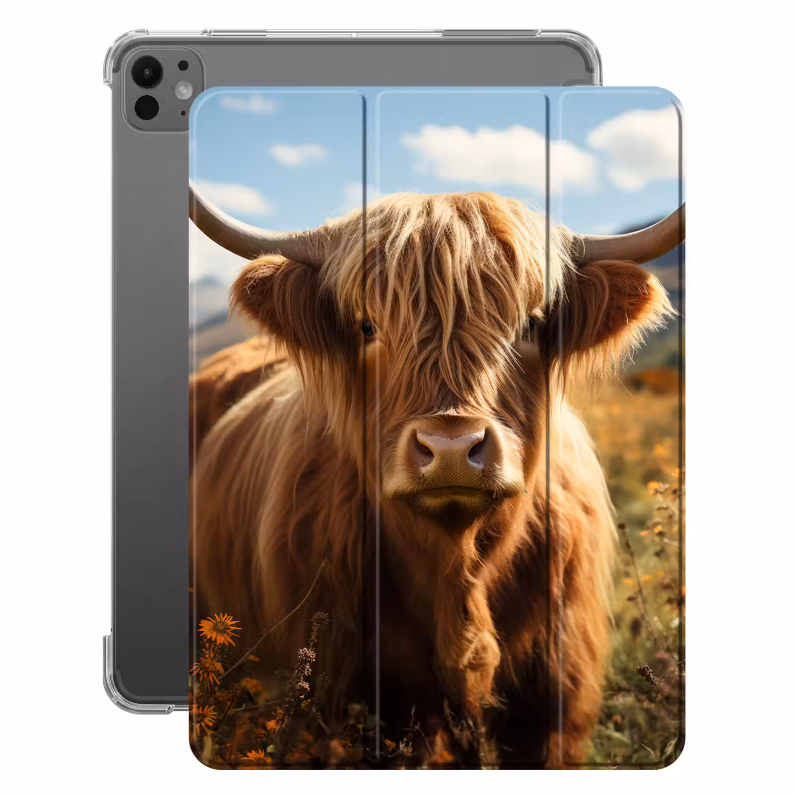 iPad-Hülle - Schottische Highlander - Blumen - Hörner - Wolken — 1