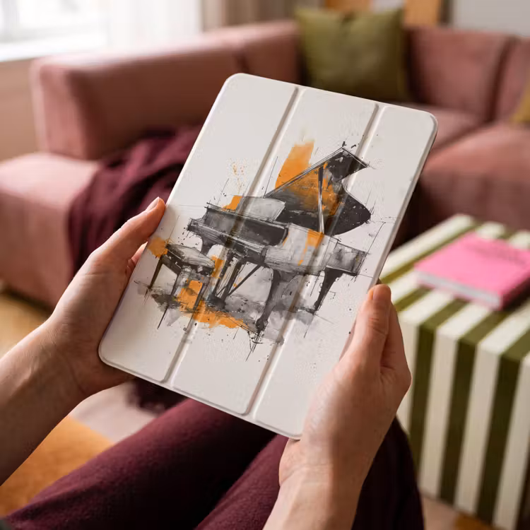 iPad-Hülle - Klavier - Orange - Schwarz - Skizzenlinien — 4