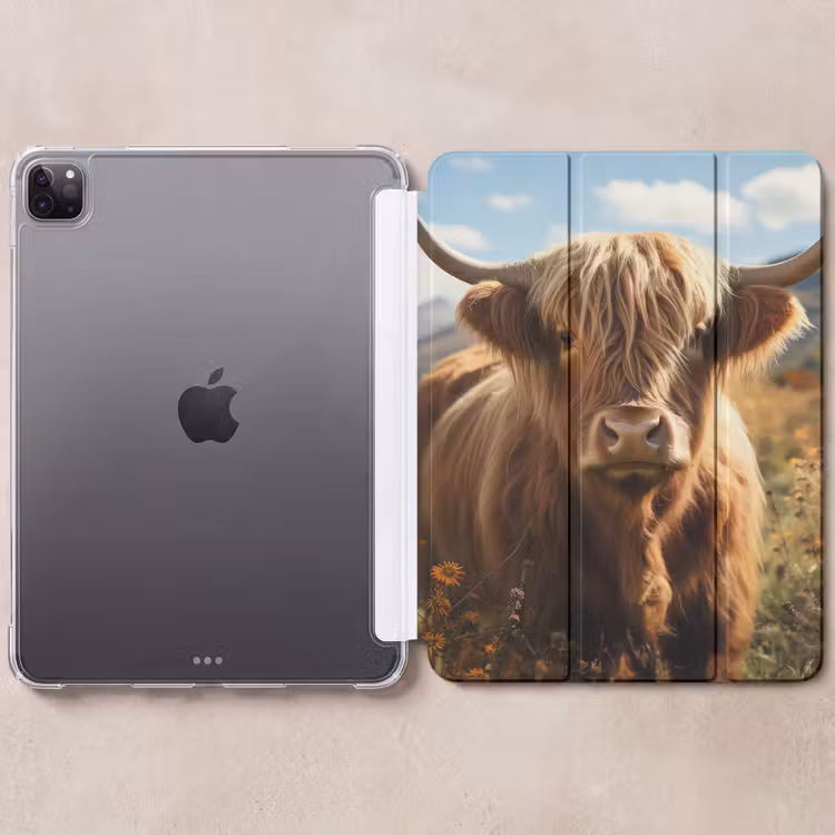 iPad-Hülle - Schottische Highlander - Blumen - Hörner - Wolken — 6