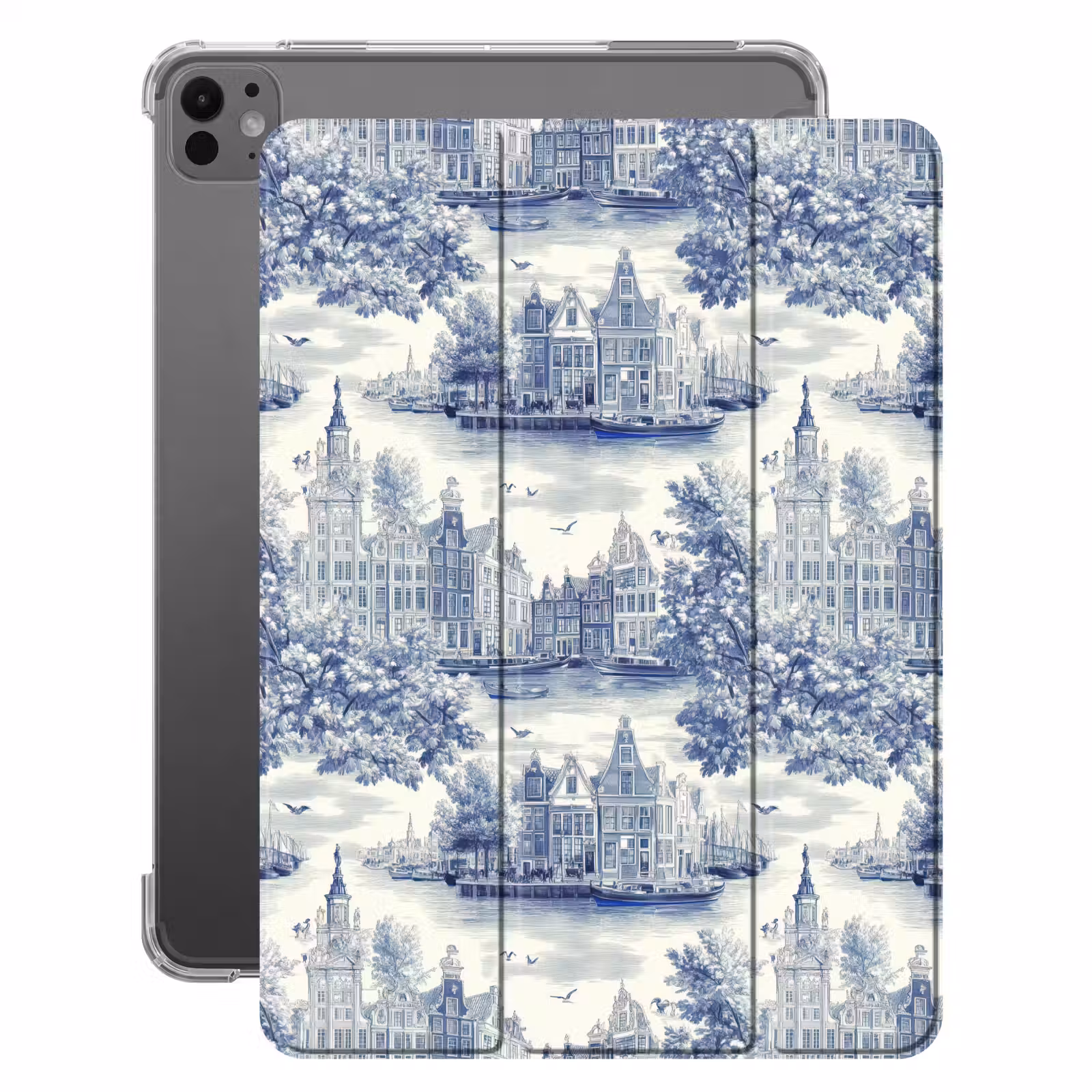 iPad-Hülle - Häuser - Bäume - Wasser - Vögel - Blau — 1