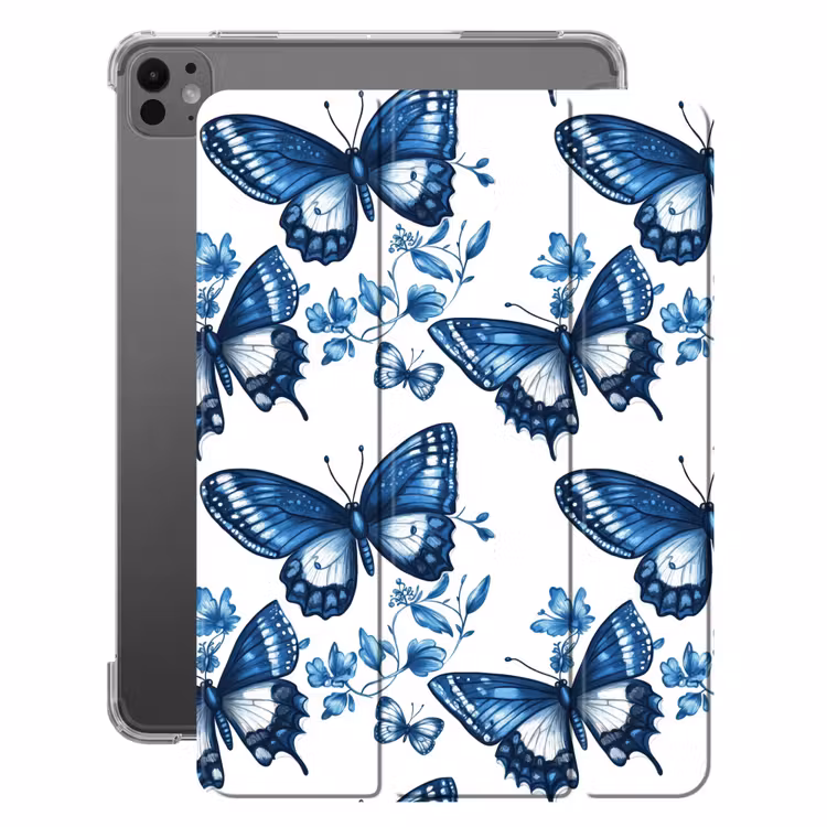 iPad-Hülle - Blau - Schmetterlinge - Blumen - Weiß — 1