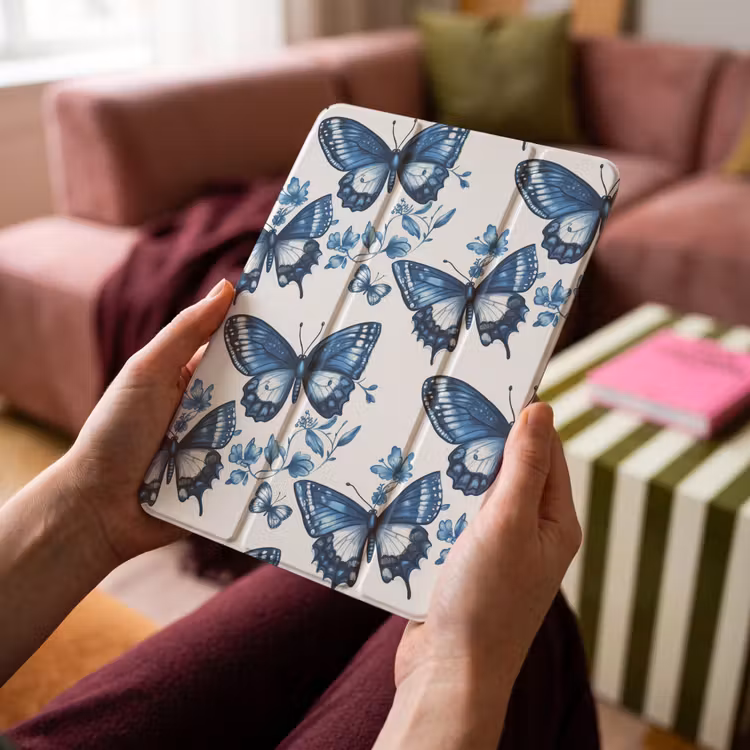 iPad-Hülle - Blau - Schmetterlinge - Blumen - Weiß — 4