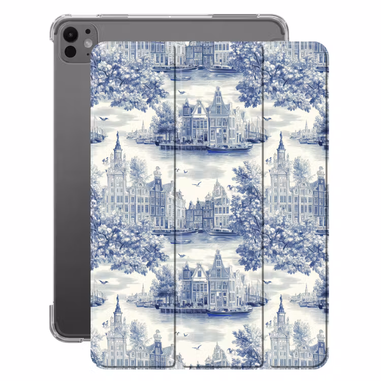 iPad-Hülle - Häuser - Bäume - Wasser - Vögel - Blau — 1