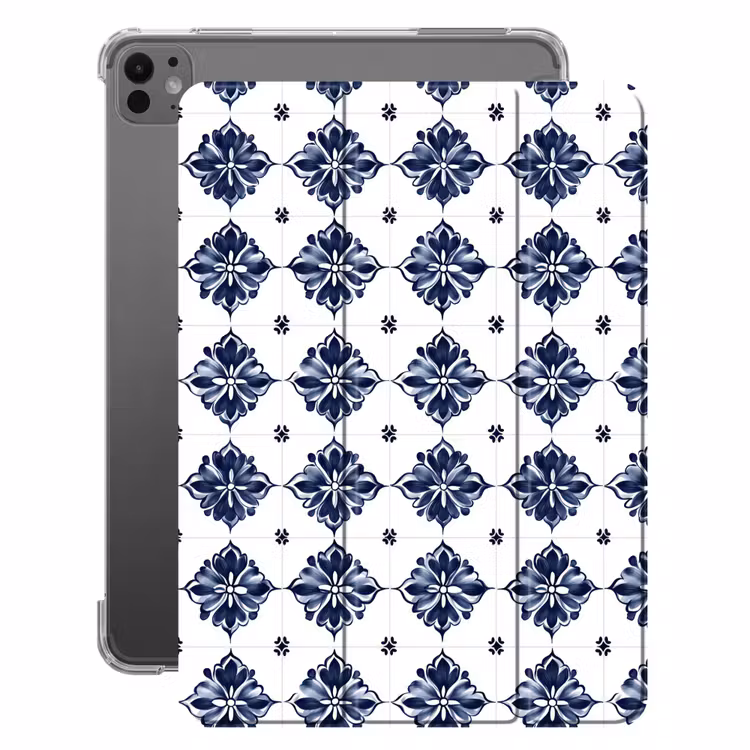 iPad-Hülle - Kachelmotiv - Blau - Weiß - Blume — 1