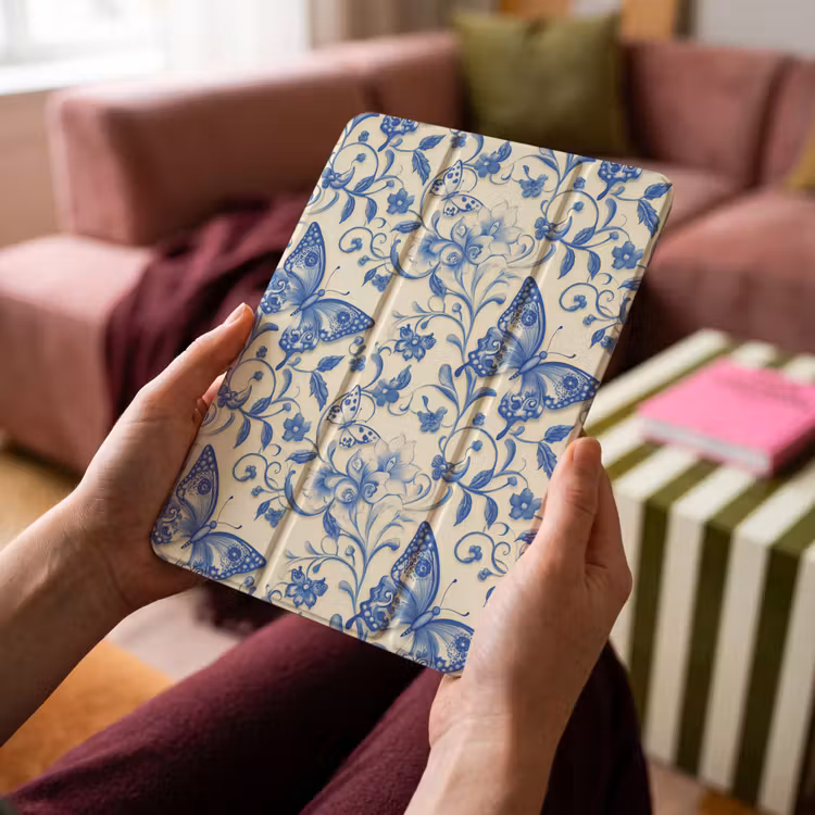 iPad-Hülle - Schmetterlinge - Blumen - Blau - Botanisch — 4