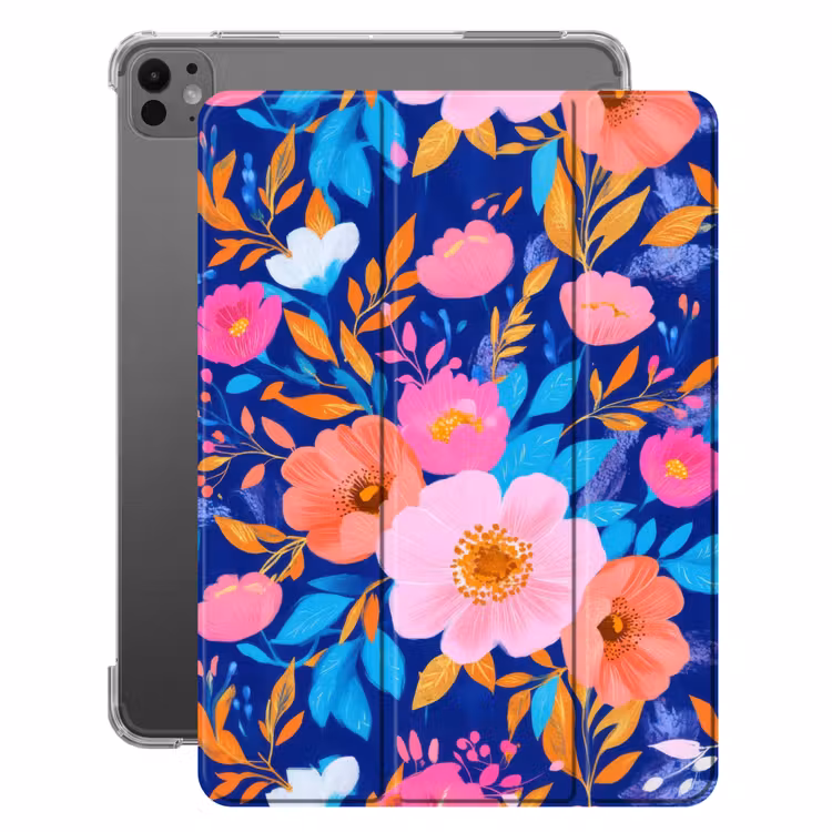 iPad-Hülle - Blumen - Blau - Rosa — 1