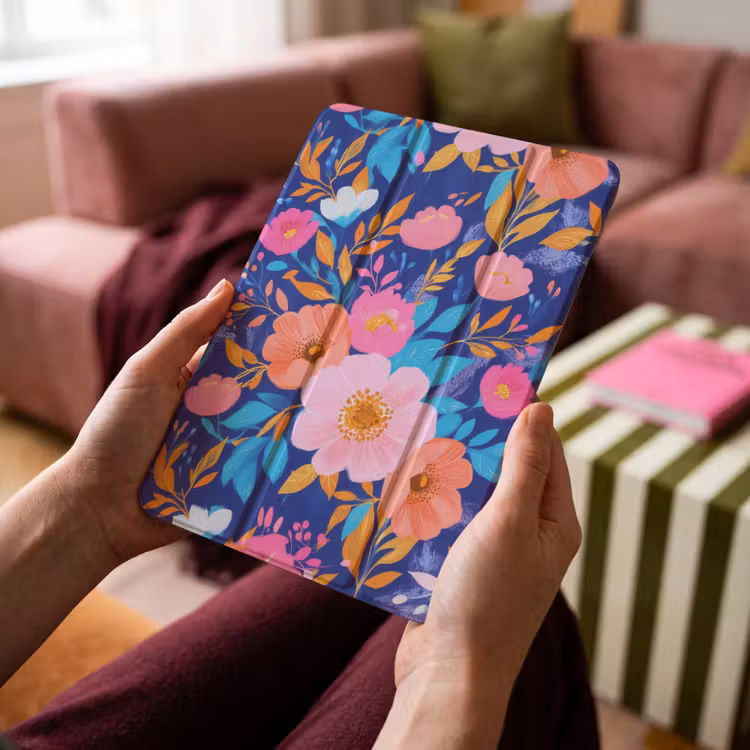 iPad-Hülle - Blumen - Blau - Rosa — 4
