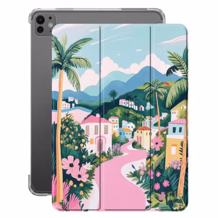 iPad-Hülle - Bunt - Häuser - Hügel - Rosa — 1
