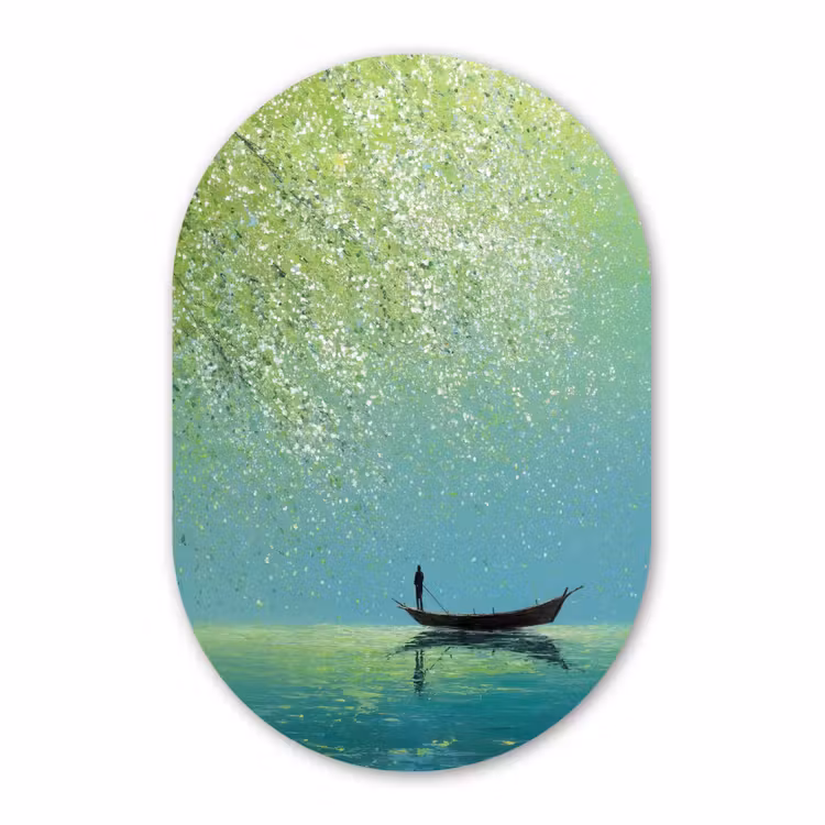 Glasbild Oval - Boot - Wasser - Blätter - Blüten — 1