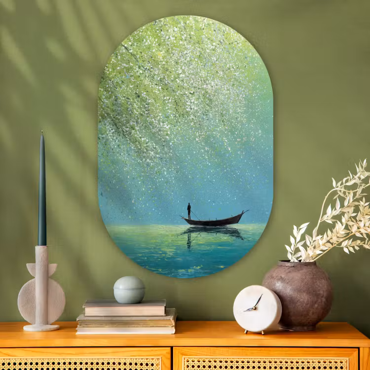 Glasbild Oval - Boot - Wasser - Blätter - Blüten — 2