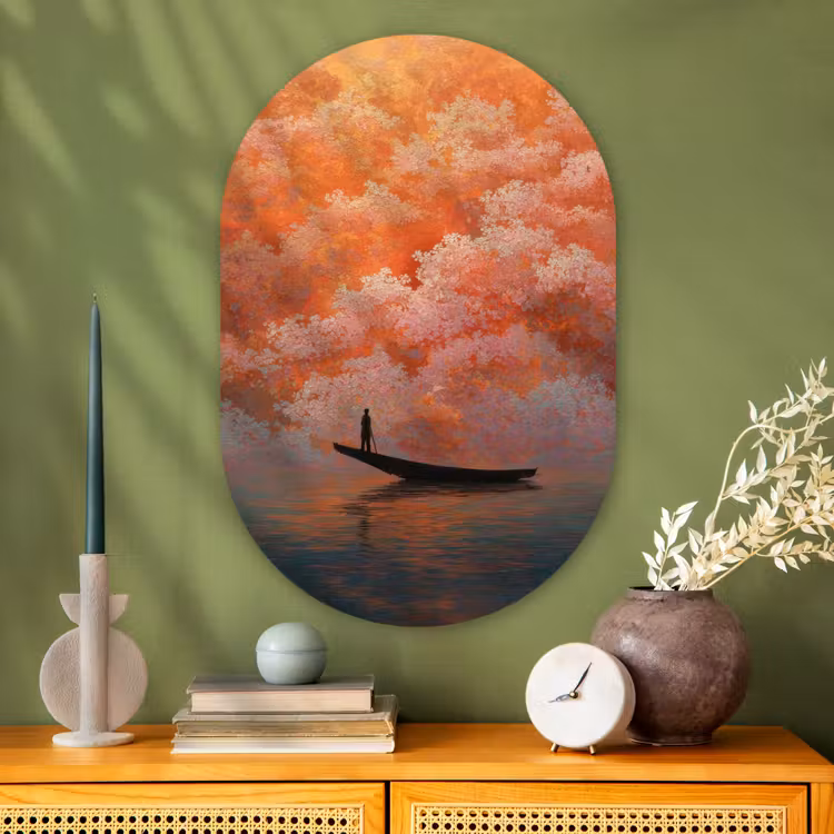 Glasbild Oval - Meer - Boot - Wolken - Orange — 2