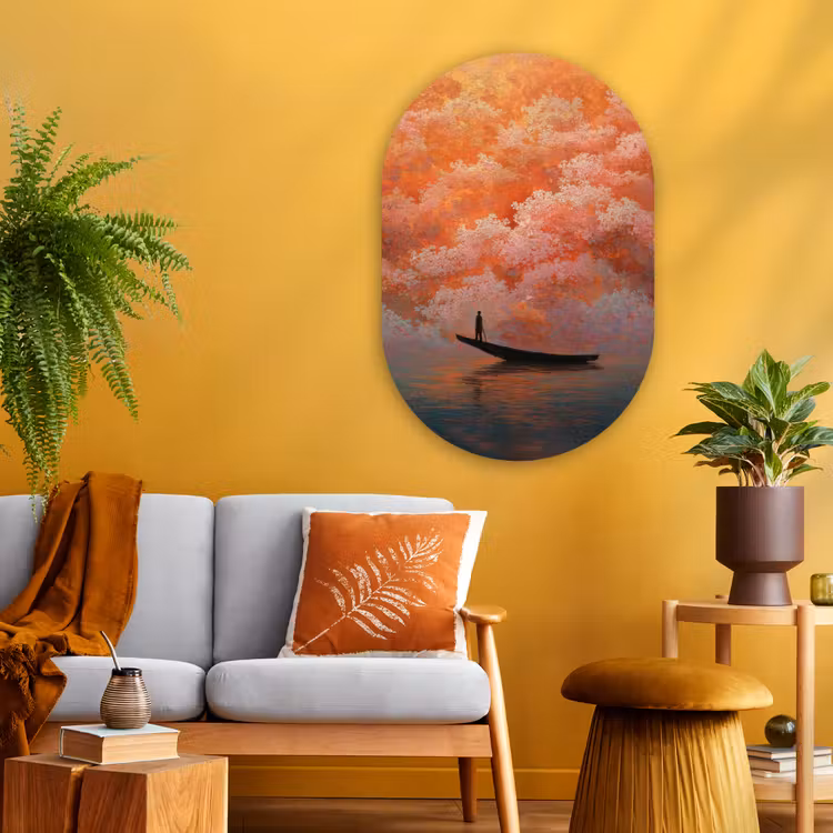 Glasbild Oval - Meer - Boot - Wolken - Orange — 3