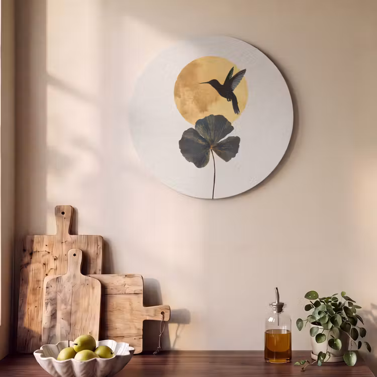 Akustikbild - Rund - Schwarzer Kolibri - Blume - Goldener Kreis — 4