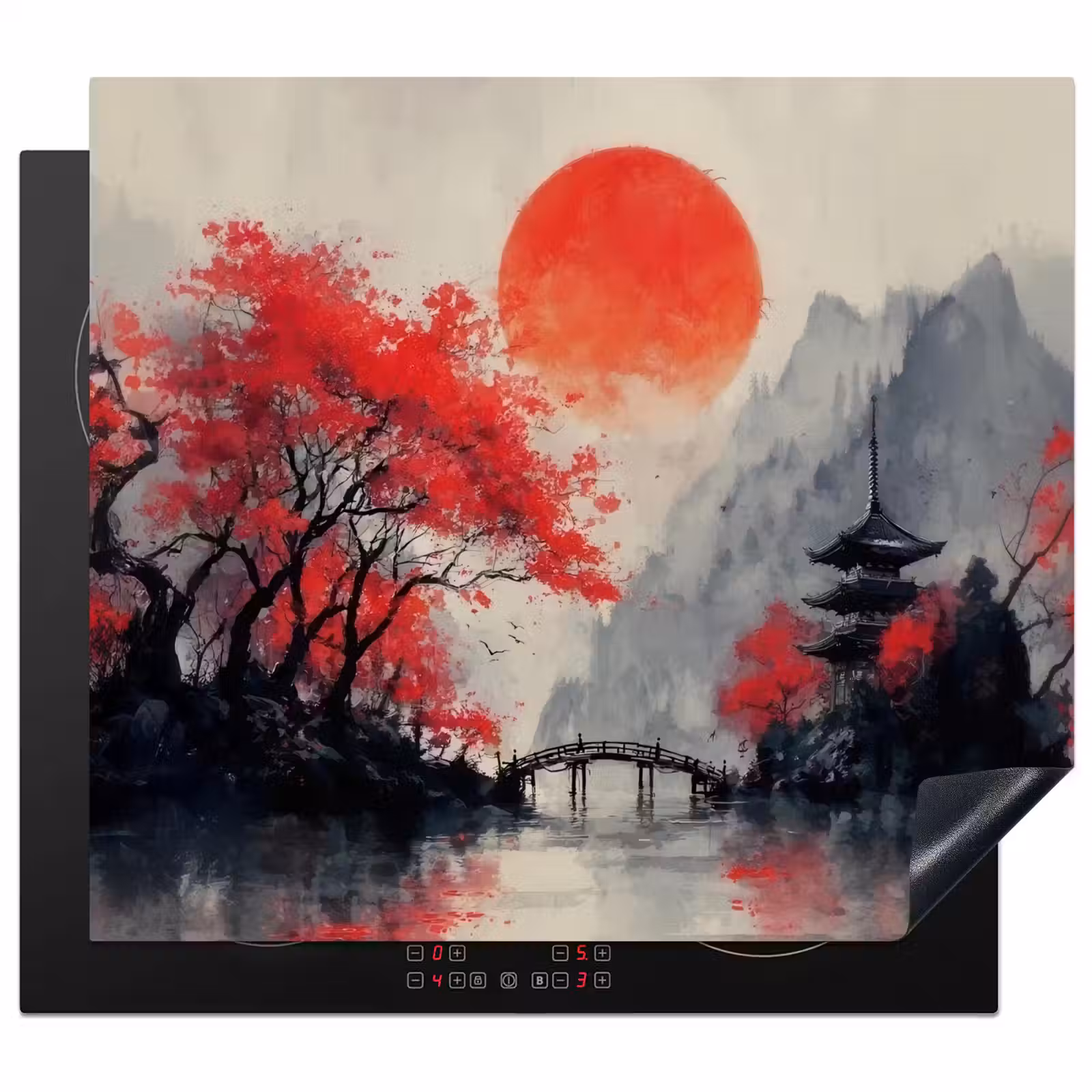 Herdabdeckplatte - Rote Sonne - Fluss - Brücke - Bäume — 1