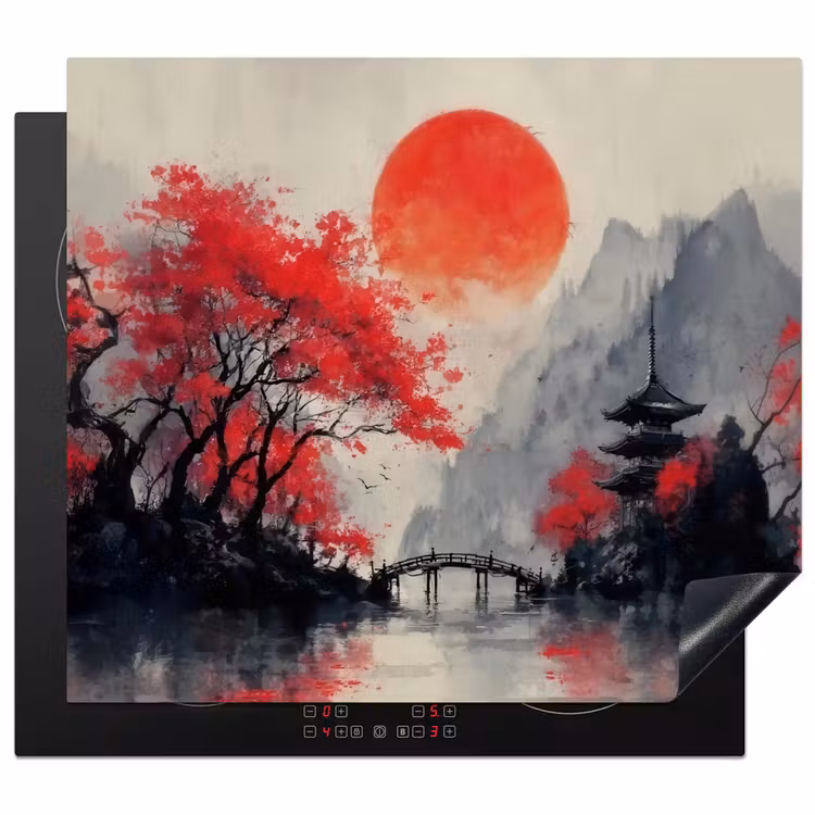 Herdabdeckplatte - Rote Sonne - Fluss - Brücke - Bäume — 1