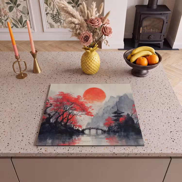 Herdabdeckplatte - Rote Sonne - Fluss - Brücke - Bäume — 2