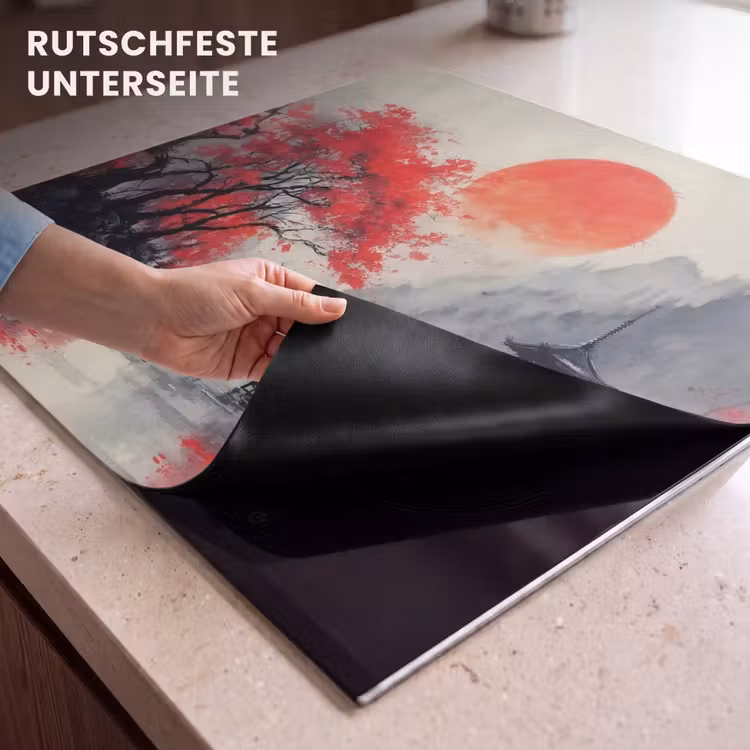Herdabdeckplatte - Rote Sonne - Fluss - Brücke - Bäume — 9