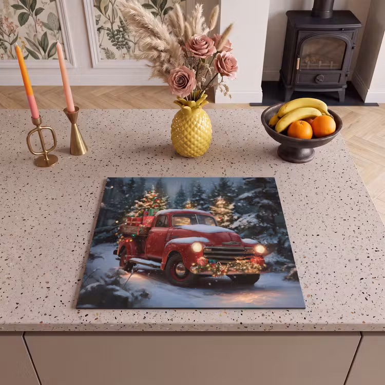 Herdabdeckplatte - Weihnachts-LKW - Schneewald - Rot — 2