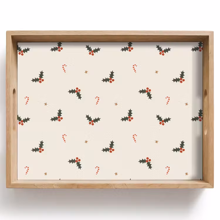 Tablett - Illustration - Stechpalmenzweige - Azurblaue Stöcke - Beige — 1