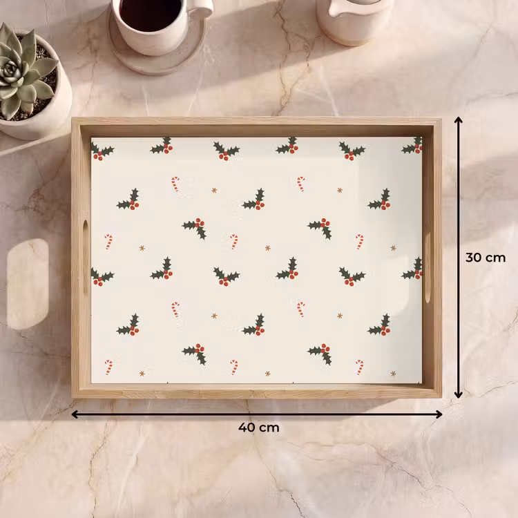 Tablett - Illustration - Stechpalmenzweige - Azurblaue Stöcke - Beige — 9