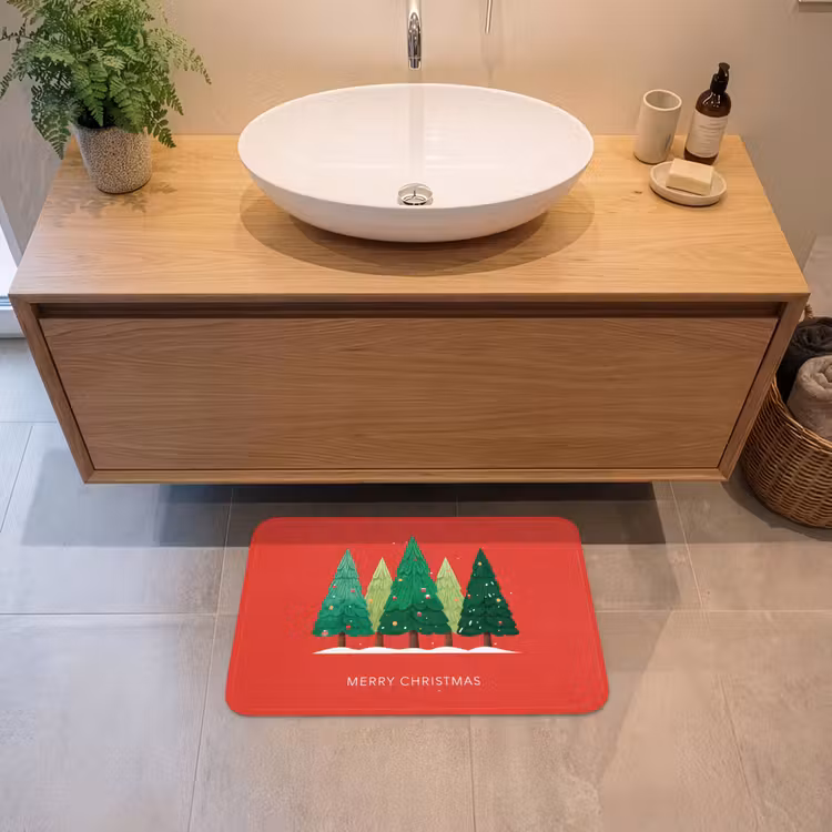 Badematte - Minimalistisch - Weihnachtsbäume - Rot - Schnee — 2
