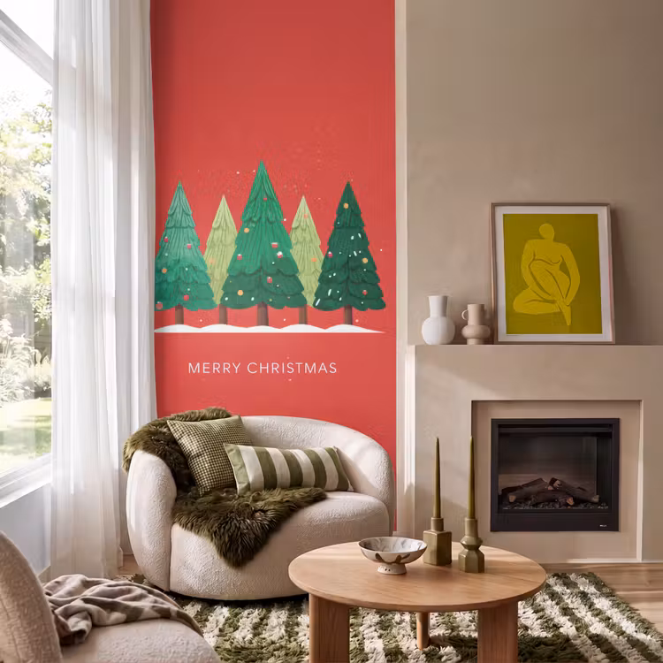 Tapete - Minimalistisch - Weihnachtsbäume - Rot - Schnee — 1