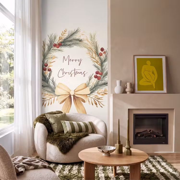 Tapete - Weihnachtskranz - Weihnachten - Gold - Beige — 1