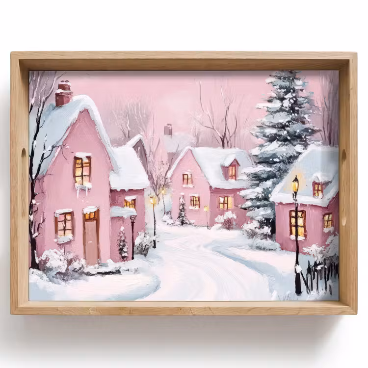 Tablett - Weihnachtsdorf - Rosa - Winter - Schnee - Häuser — 1