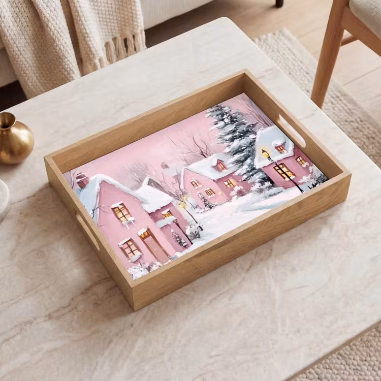 Tablett - Weihnachtsdorf - Rosa - Winter - Schnee - Häuser — 2