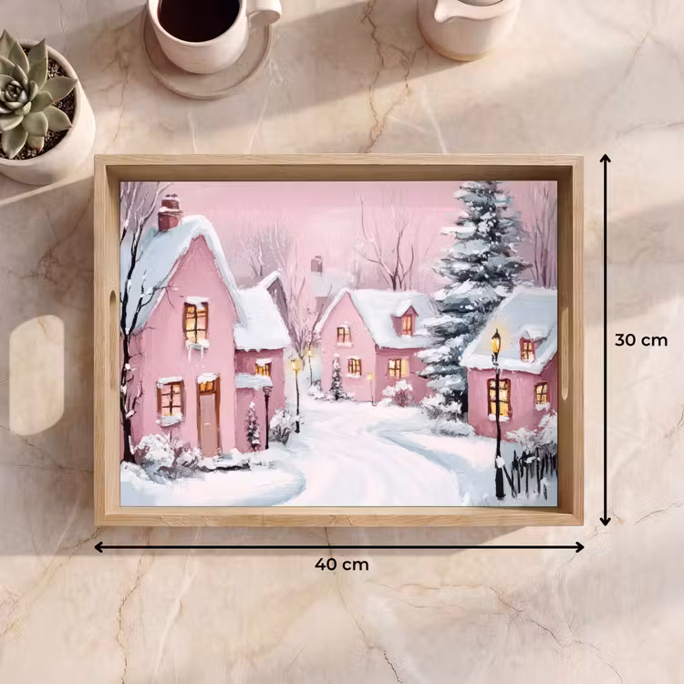 Tablett - Weihnachtsdorf - Rosa - Winter - Schnee - Häuser — 9