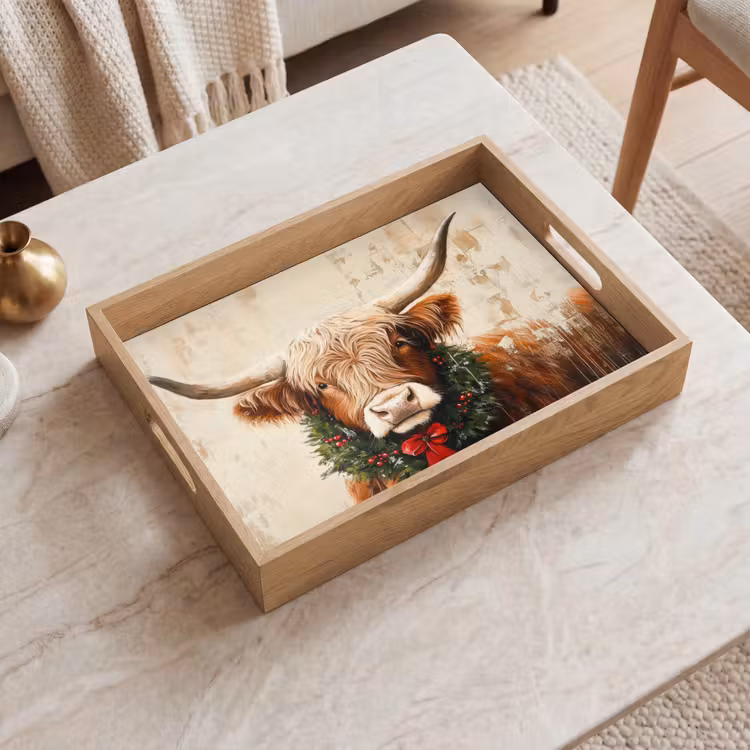 Tablett - Weihnachten - Schottischer Highlander - Braun - Kranz — 2