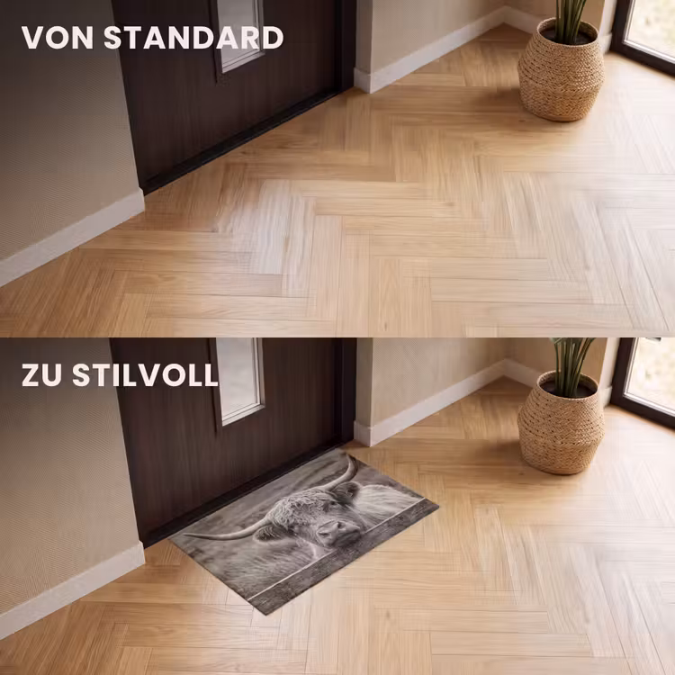 Fußmatte - Schottischer Highlander - Schwarz - Weiß - Holz — 3