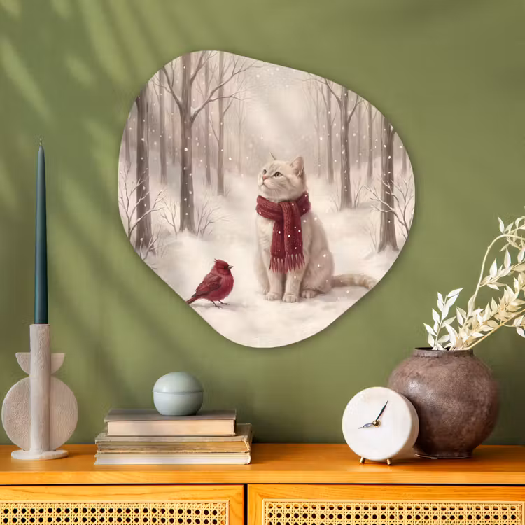 Glasbild Organische Form - Katze – Vogel – Winter — 2